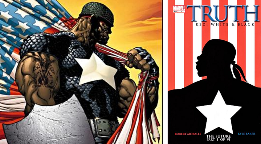 On the left, Isaiah Bradley, a black Captain America. On the right, artwork for the cover of Truth: Red, White & Black 1.