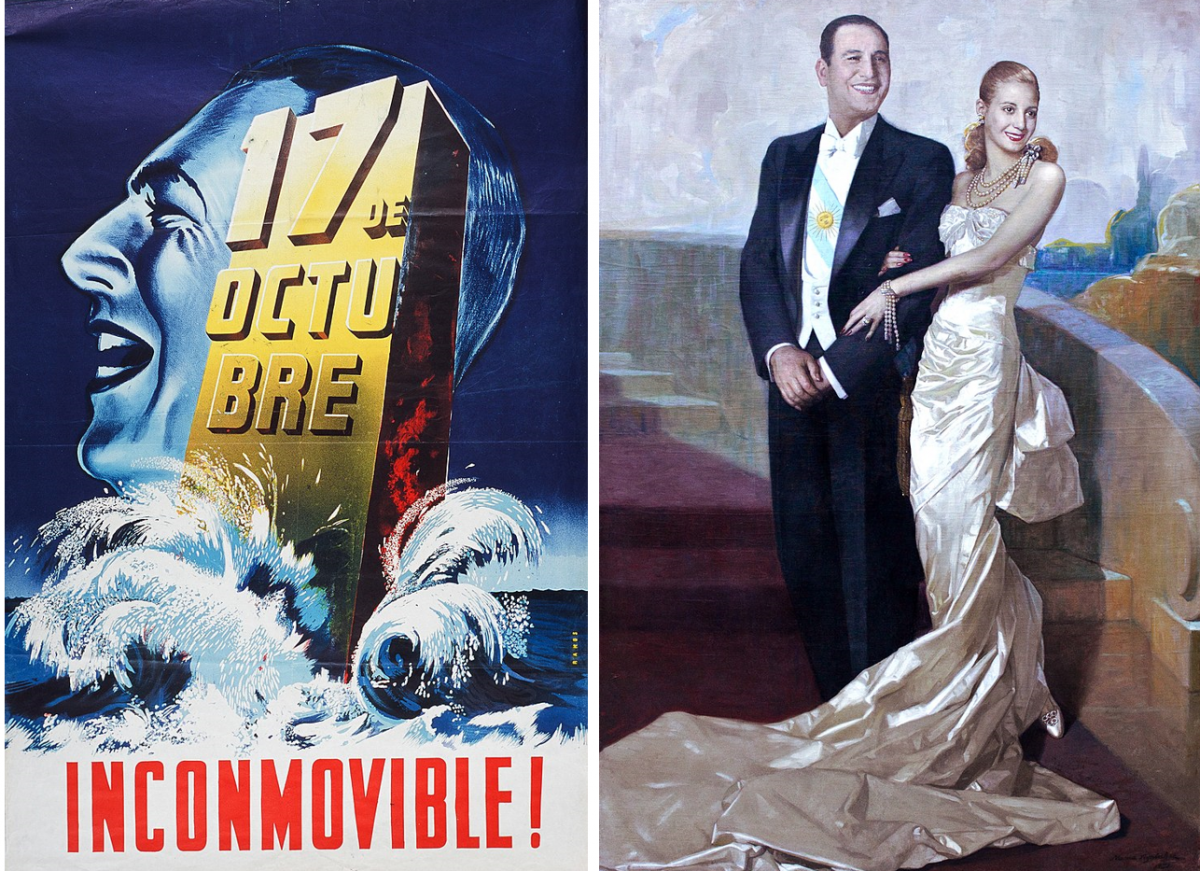 On the left, propaganda poster commemorating the 2nd anniversary of the Day of Loyalty. On the right, official portrait of Perón and his wife Eva.
