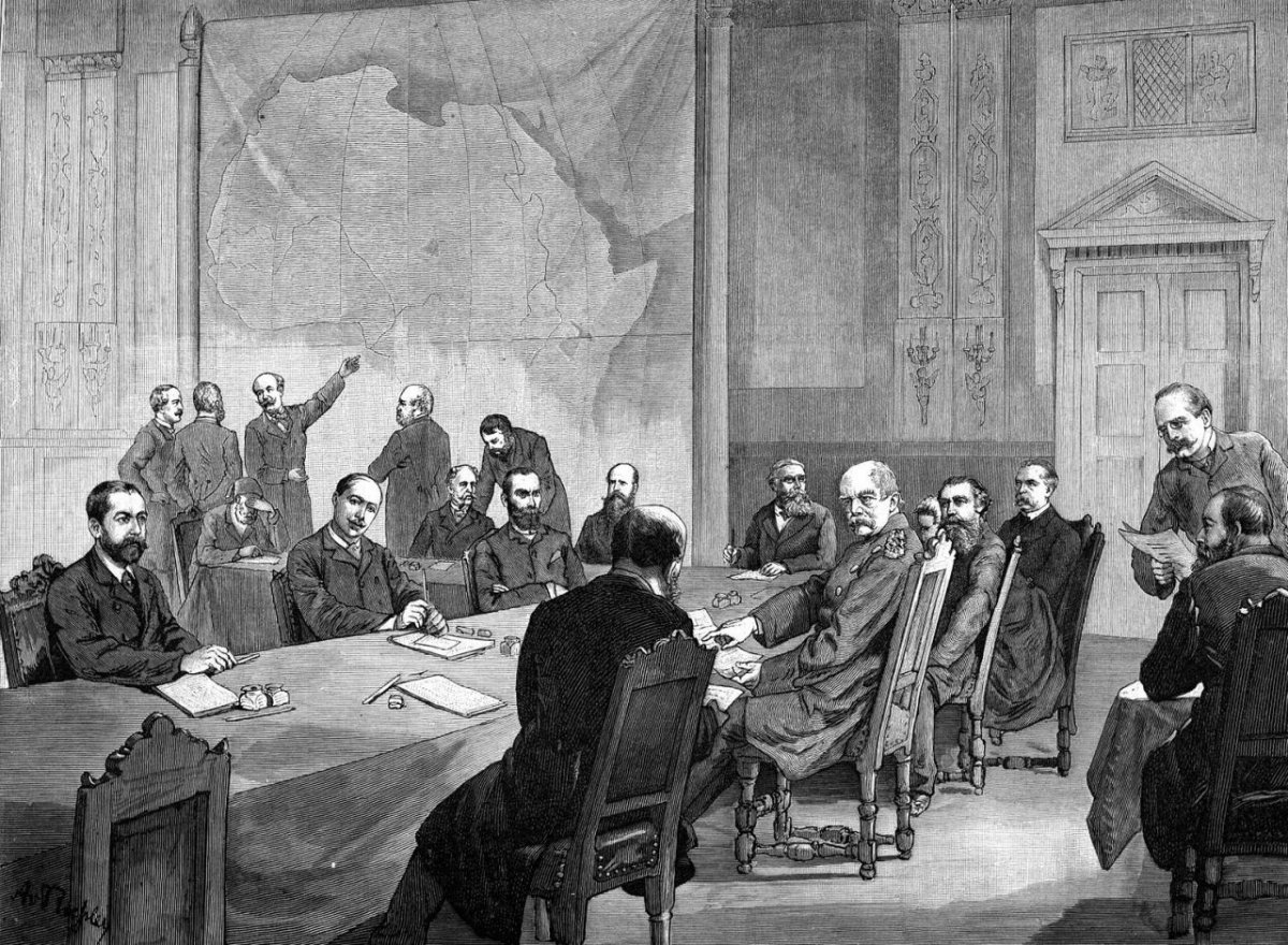 An 1884 illustration depicting representatives of the European powers at the Berlin Conference.