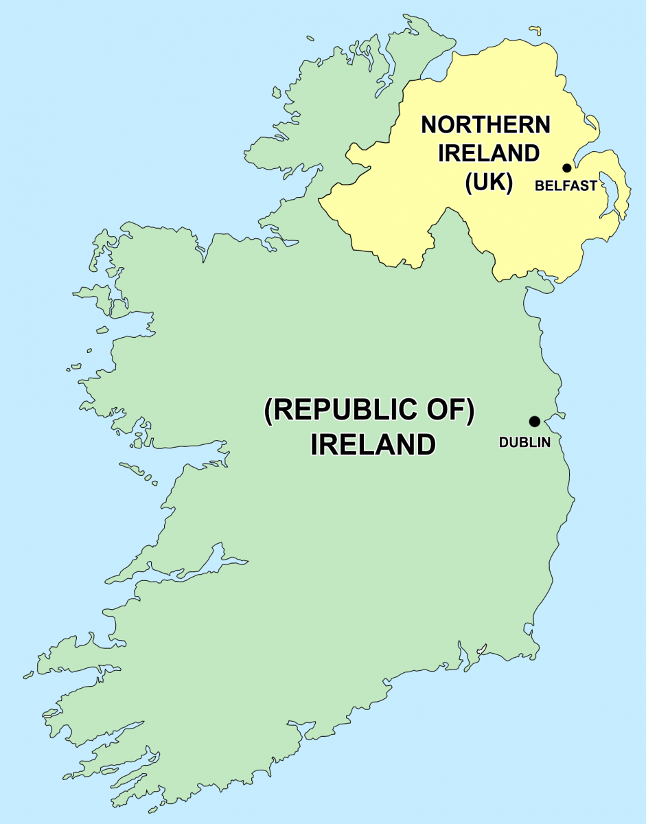 A map showing the division of the island of Ireland into the Republic of Ireland and Northern Ireland.