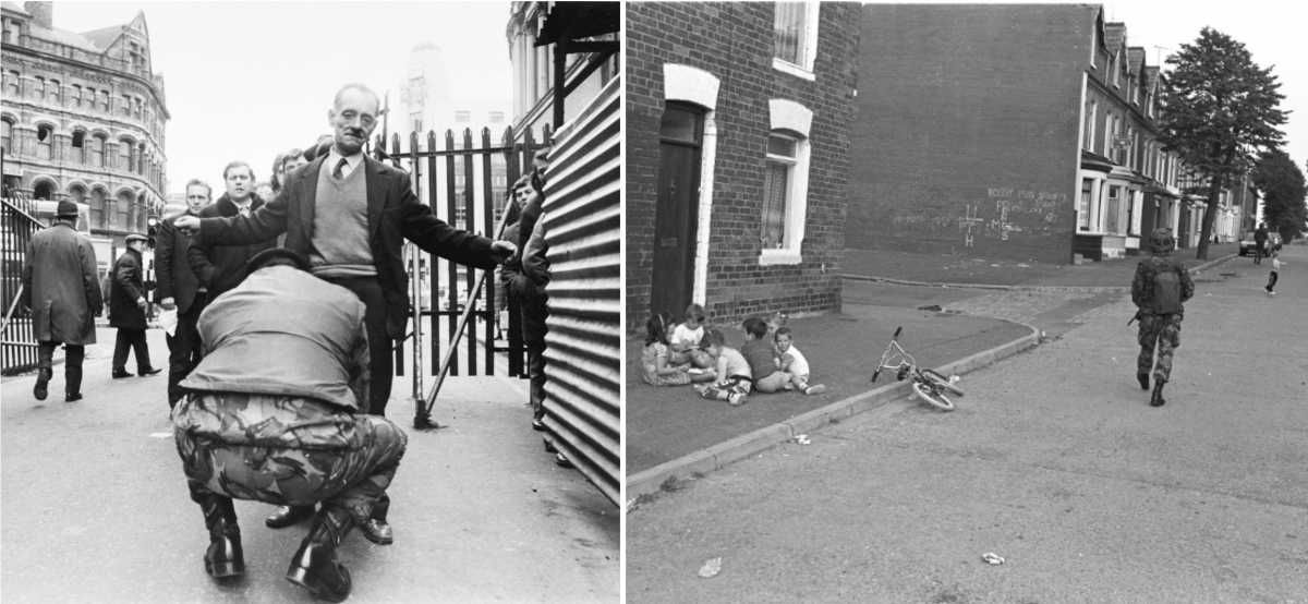 On the left, a British Army Checkpoint in Belfast, 1977. On the right, British soldiers patrol a Belfast street as children play, 1980s.