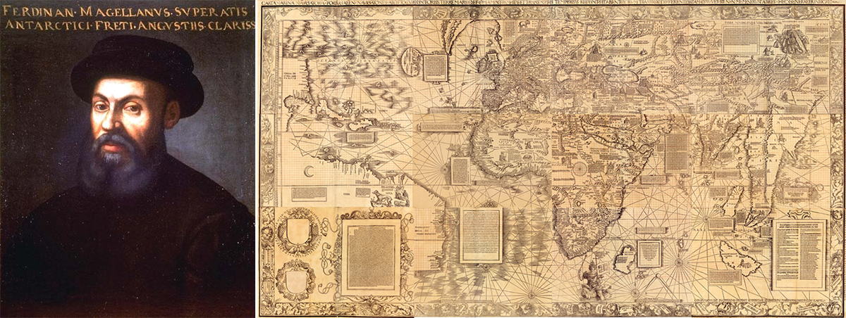 A posthumous portrait of Ferdinand Magellan, painted c. 16th or 17th century (left); a 1516 map of the known world at the time of Magellan's voyage (right)