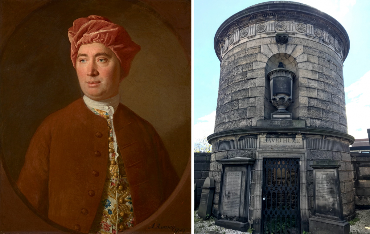 On the left, a 1754 painting of David Hume. On the right, David Hume's mausoleum in Edinburgh, Scotland.