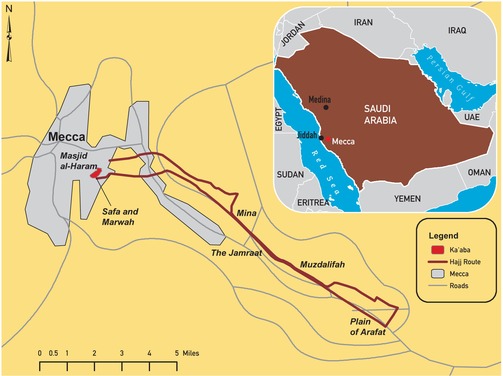 Location of Mecca and the route of the hajj.