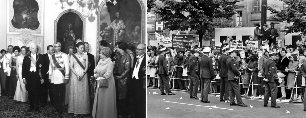 On the left, a 1967 state reception for the Shah of Iran in West Germany. On the right, protestors in 1967 at the Schöneberg Town Hall in Berlin.