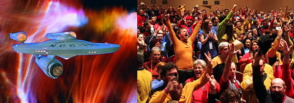 On the left, The Starship Enterprise from Star Trek: The Original Series. On the right, 'Trekkies' gathered at a convention in Las Vegas.