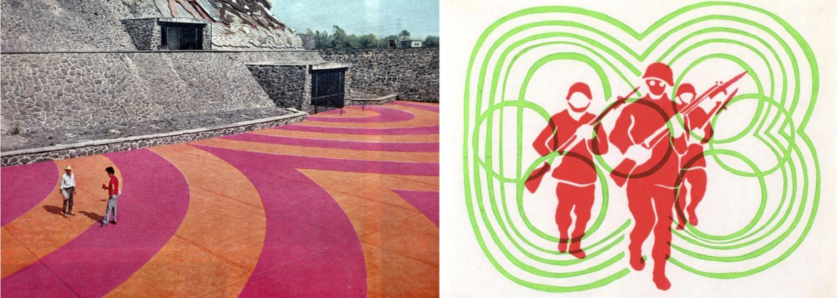 On the left, a close up on the detail of the main Olympic Stadium for the 1968 games. On the right, a student protester poster referencing the logo design of the 1968 Olympics and military oppression.