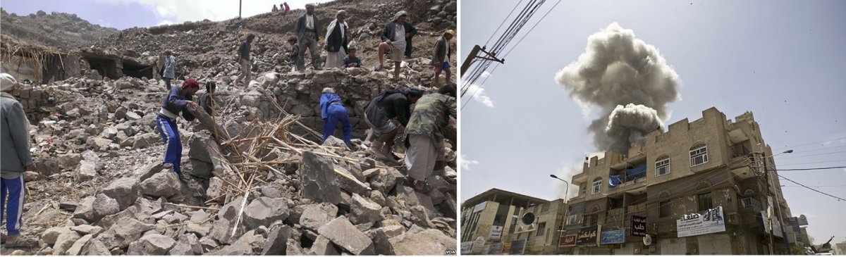 On the left, villagers in Hajar Aukaish, Yemen searching rubble after a bombing in 2015. On the right, aerial bombing of Sana’a in 2016.