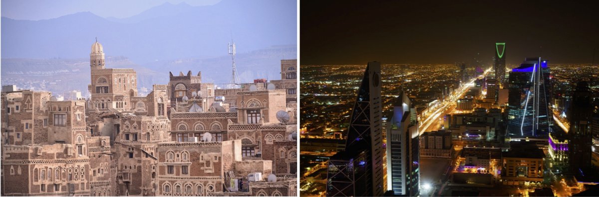 On the left, Sana’a, Yemen in 2013. On the right, Riyadh, Saudi Arabia in 2019.
