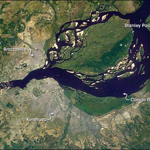 A satellite image of Brazzaville, Kinshasa, and the Malebo Pool.