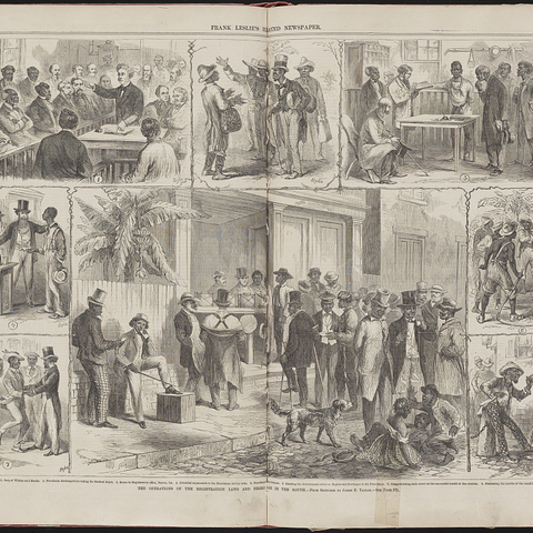 Eight scenes of African American men voting or attempting to vote in the South in the 1860s.