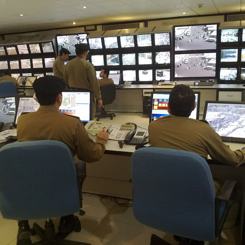 Saudi security forces monitor hajj events on CCTV.