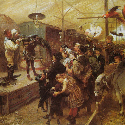 An 1894 painting of a German menagerie show.