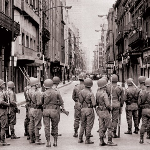 Soldiers on a street near a central plaza in Mexico City in September 1968.