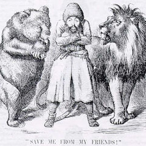 1878 Political Cartoon showing Central Asia between the Great British Lion and the Russian Bear  