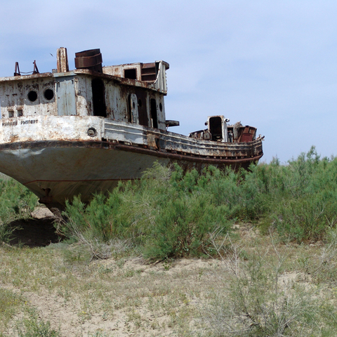 The shrinking Aral Sea, with a marooned boat on a former harbour, 2004  