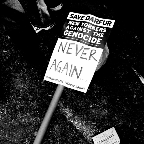 A protest sign from New York, calling for the end of the Darfur crisis.