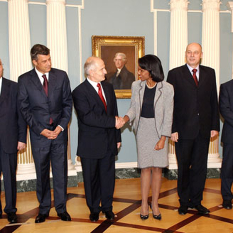 July 2007-Sec. Rice with Members of the Kosovo Unity Team. 3rd from Left - Hashim Thaci, then President of the Democratic Party of Kosovo; On Rice's right - President Fatmir Sejdiu, On Rice's left - then Prime Minister Agim Ceku.  