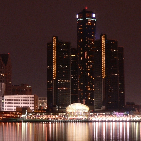 Night Skyline of Detroit from across the river at Windsor.  