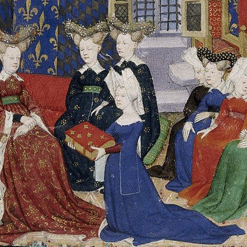 15th century painting of Christine de Pisan, QUeen Isabeau, and 7 other women