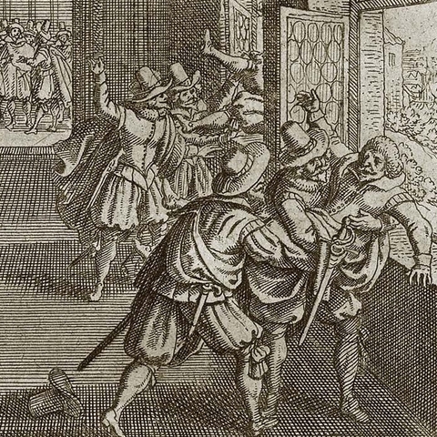 Woodcut print depicting the Second Defenestration of Prague in 1618