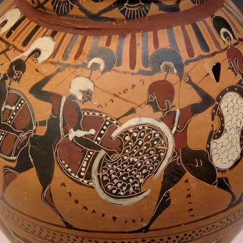 Greek amphora, or jug, from c. 540 BCE showing two hoplite phalanxes engaged in combat. Hoplites were the heavy infantry who formed the backbone of most Greek armies in the Classical Age.