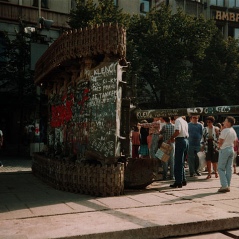 The logo of Solidarność painted on an overturned Soviet era T-55 in Prague in 1990