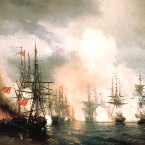 Ivan Aivazovsky, a Native of Feodosia, Crimea, is known as one of Russia's greatest painters, and one of the world's best at seascapes. The Battle of Sinop (Russian and Turkish Navies), 1853