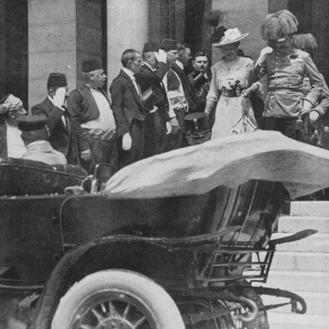 Archduke Franz Ferdinand of Austria and his wife before their assassinations in Sarajevo.