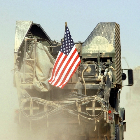A U.S. military vehicle crossing the Iraq border in March 2003.