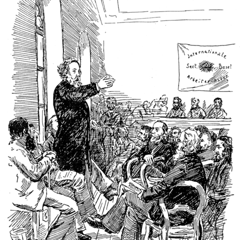 Mikhail Bakunin speaking to members of the International Workingmen's Association at the Basel Congress in 1869.