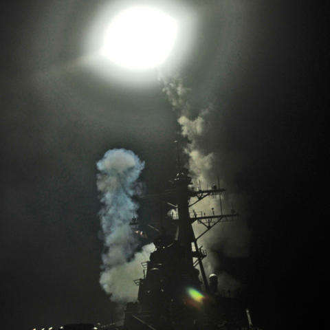 The Arleigh Burke-class guided-missile destroyer USS Barry (DDG 52) launches a Tomahawk missile in support of Operation Odyssey Dawn on March 19, 2011.