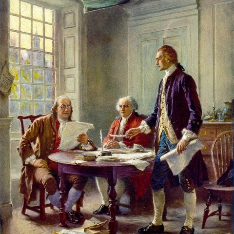 Writing the Declaration of Independence, 1776, Jean Leon Gerome Ferris' idealized 1900 depiction of (left to right) Benjamin Franklin, John Adams, and Thomas Jefferson of the Committee of Five working on the Declaration.