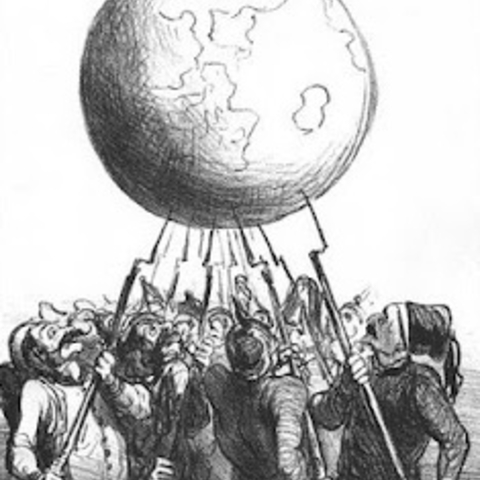 1866 cartoon by Daumier, L’Equilibre Européen, representing the balance of power as soldiers of different nations teeter the earth on bayonets.