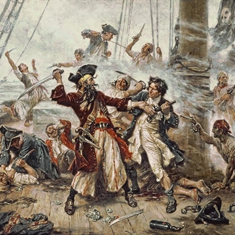 Capture of the Pirate Blackbeard, 1718 depicting the battle between Blackbeard and Robert Maynard in Ocracoke Bay; romanticized depiction by Jean Leon Gerome Ferris from 1920.