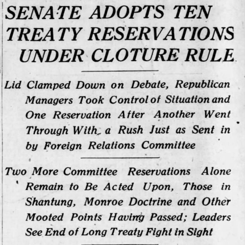 Headline in The Philadelphia Inquirer of November 16, 1919, reporting the first use of cloture by the United States Senate.