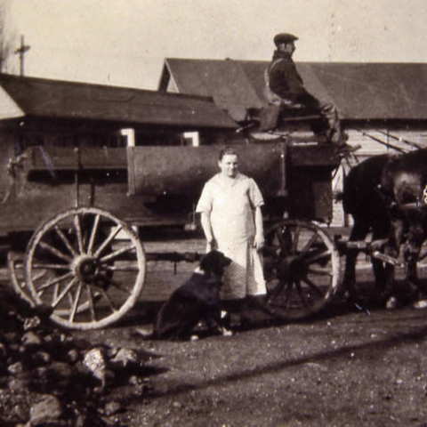 Lydia Vargo and Teamster with delivery wagon in Toledo, Ohio c. 1920.