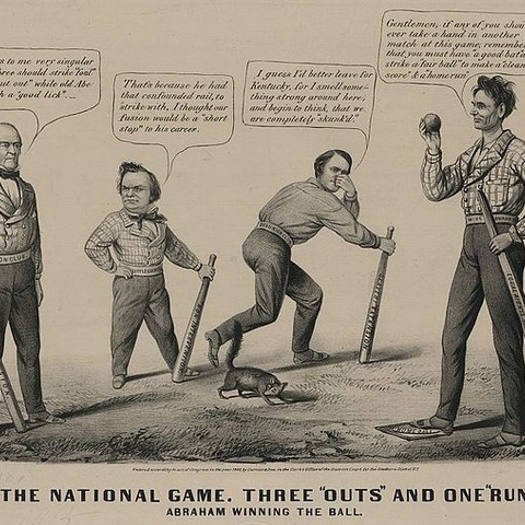 "The National Game. Three Outs and One Run." Drawing depicting the four candidates of the 1860 United States presidential election (L to R): John Bell, Stephen Douglas, John C. Breckinridge, and Abraham Lincoln. The artist is comparing the election to a baseball game.