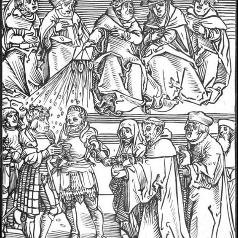 Antichristus, a woodcut by Lucas Cranach the Elder: the pope depicted as the Antichrist, using his temporal power to grant authority to a generously contributing ruler.