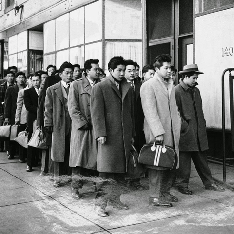 Japanese people in line at induction station during WWII