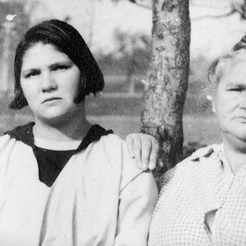 Carrie (left) with her mother, Emma Buck, at the Virginia Colony for Epileptics and Feebleminded, 1924.