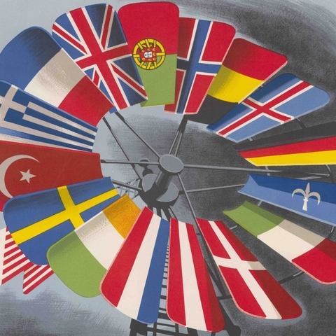 The U.S.-Economic Cooperation Administration created numerous posters to promote the Marshall Plan in Europe. This one, depicting the flags of various Western European countries receiving Marshall Plan aid, was produced in 1950.