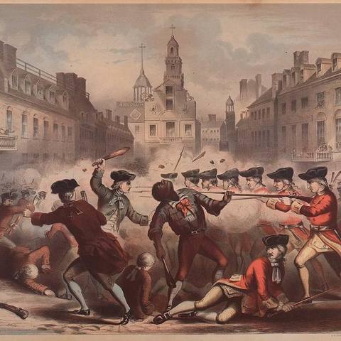 The Boston Massacre March 5, 1770 painting by William L. Champney depicting British soldiers with guns raised toward Black man
