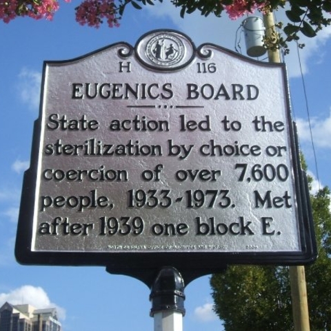 A historical marker in Raleigh, NC regarding the 7,600 people sterilized in that state.