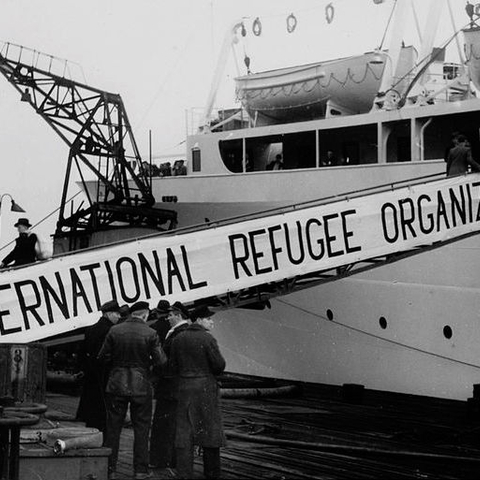 A passenger ship for migrants associated with the United Nations' International Refugee Organization.