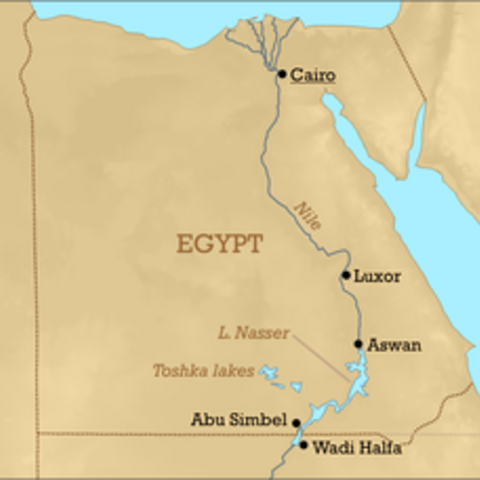 Map of Egypt showing the location of Lake Nasser and the Toshka Lakes.