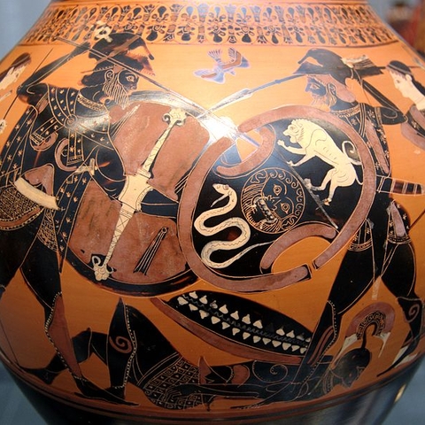 A scene from the Iliad of Achilles and Memnon fighting.