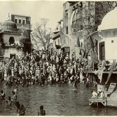 Main Bathing Ghat in Hardiwar on the Ganges River, 1880s