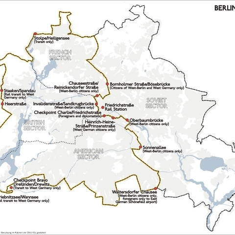 Map of the Berlin Wall, showing the location of checkpoints  