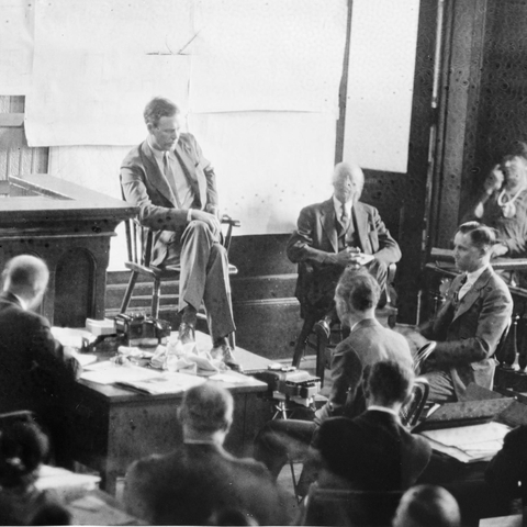 Aviator Charles Lindbergh testifying at the trial of Bruno Hauptmann, accused of kidnapping and murdering his son, 1935